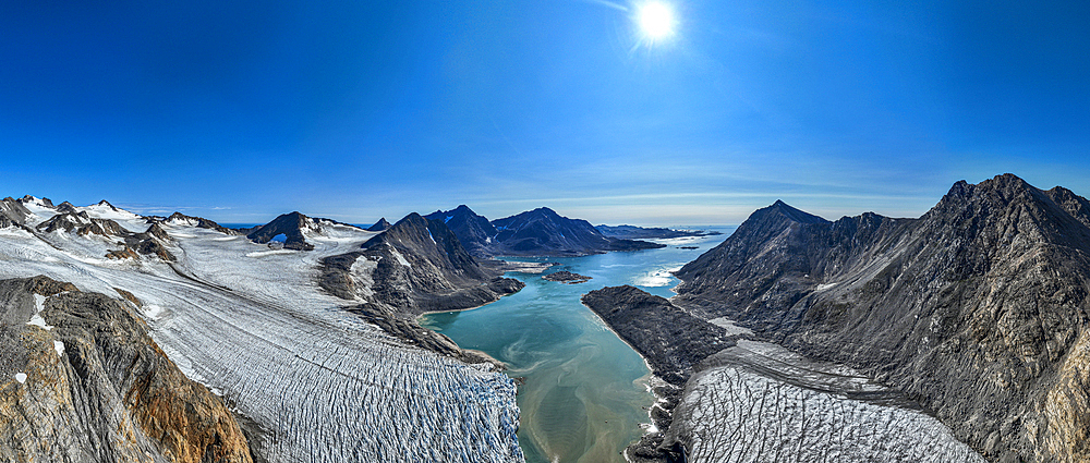 Panoramic aerial of Kulusuk fjord, Greenland, Denmark, Polar Regions