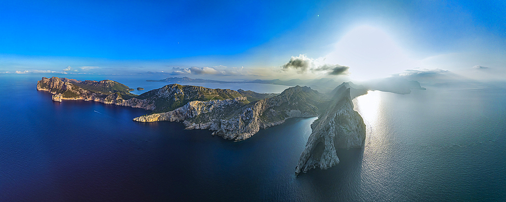 Panoramic aerial of the Formentor Peninsula, Mallorca, Balearic Islands, Spain, Mediterranean, Europe