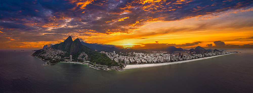 Aerial of Leblon beach, with Two Brothers Peak, Rio de Janeiro, Brazil, South America