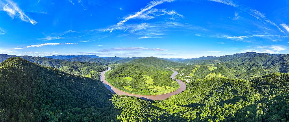 Aerial of the Iguape River, Atlantic Forest South-East Reserves, UNESCO World Heritage Site, Alto Ribeira Touristic State Park, Sao Paulo State, Brazil, South America