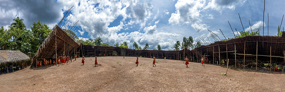 Aerial of a shabono (yanos), the traditional communal dwellings of the Yanomami tribes of Southern Venezuela, Venezuela, South America