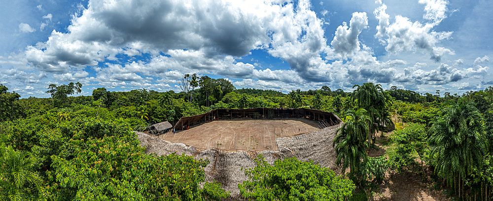 Aerial of a shabono (yanos), the traditional communal dwellings of the Yanomami tribes of Southern Venezuela, Venezuela, South America