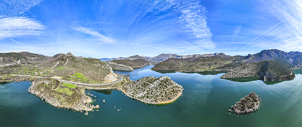 Aerial of the mountains and Embalse de Luna lake, Asturias, Spain, Europe