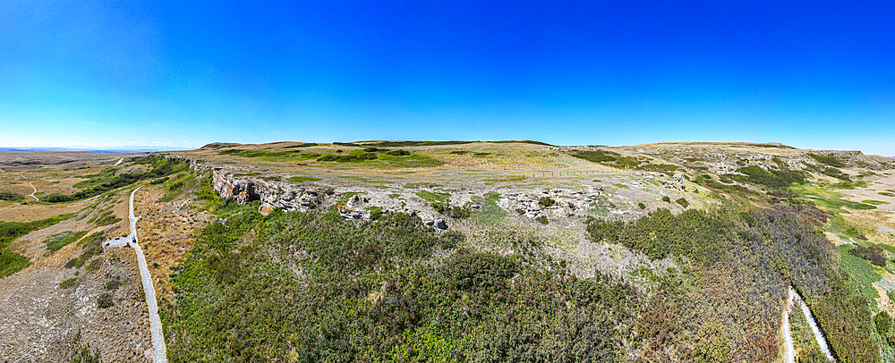 Aerial of the Head Smashed in Buffalo Jump, UNESCO World Heritage Site, Alberta, Canada, North America