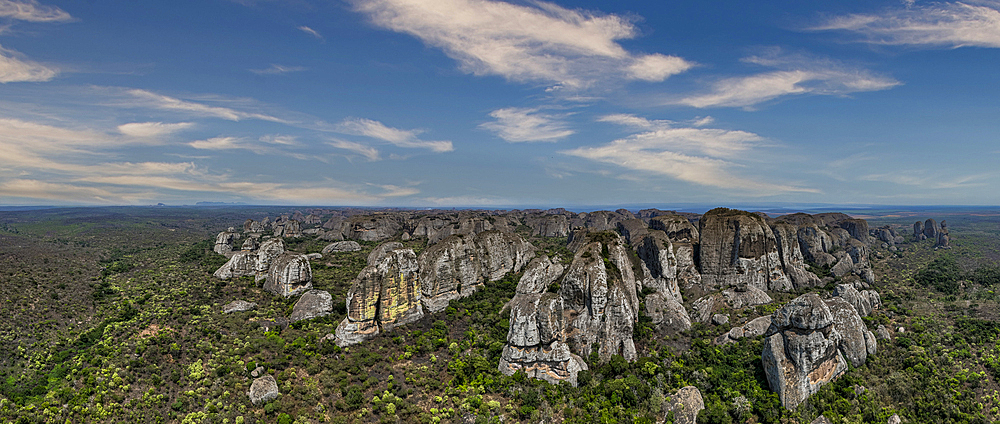 Aerial of black rocks of Pungo Andongo, Malanje, Angola, Africa