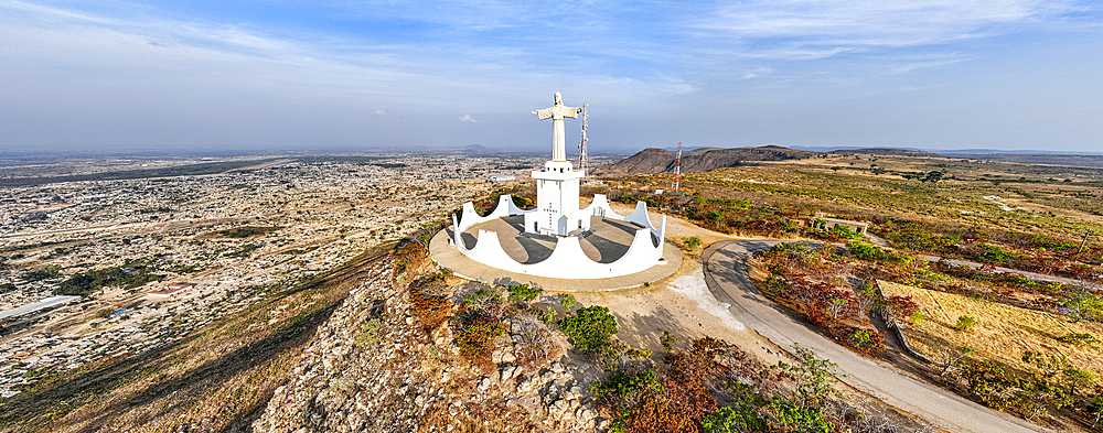 Aerial of the Christ the King Statue, overlooking Lubango, Angola, Africa