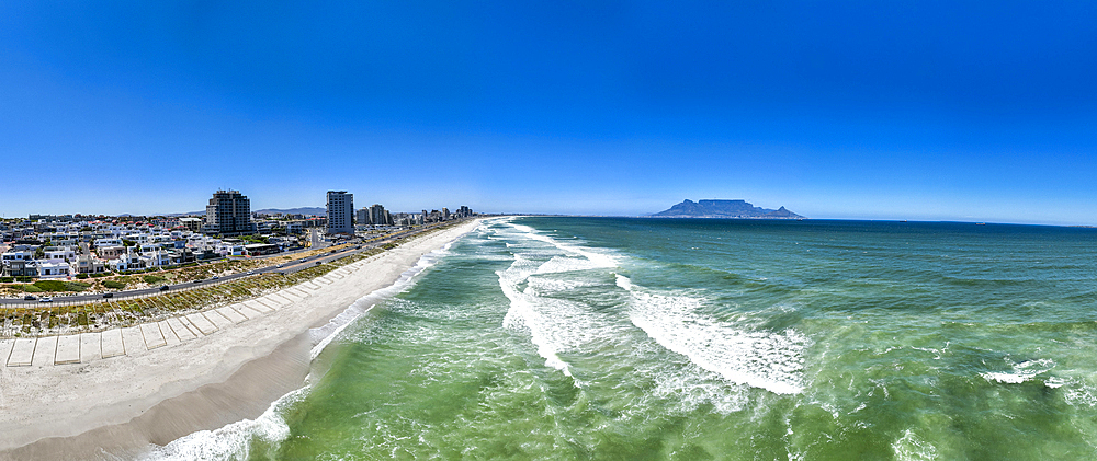 Aerial of Bloubergstrand Beach with Table Mountain in the background, Table Bay, Cape Town, South Africa, Africa