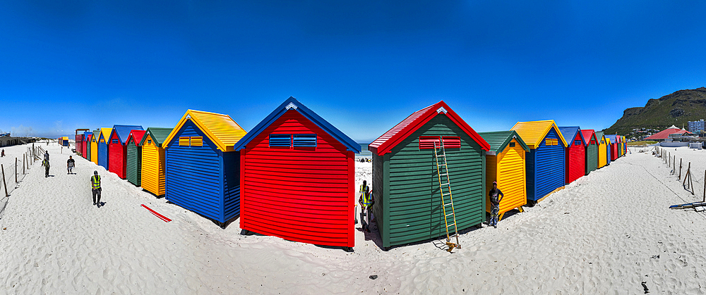 Panorama of the colourful beach huts on the beach of Muizenberg, Cape Town, South Africa, Africa