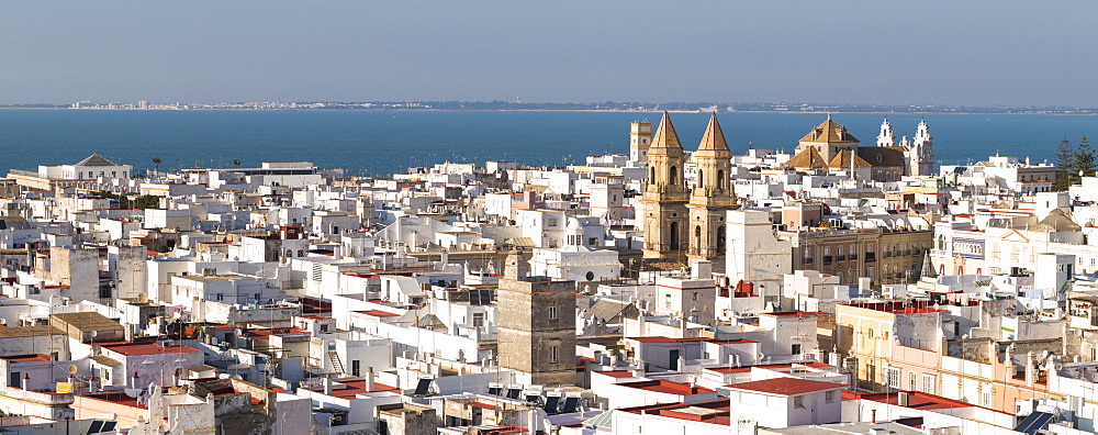 Rooftops and St. Anthony of Padua seen from the Tavira Tower Cadiz, Andalusia, Spain, Europe