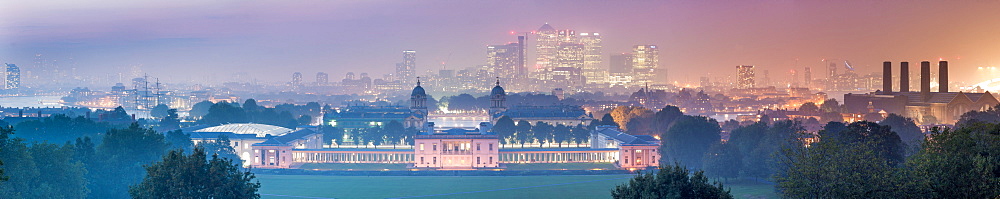 Greenwich Maritime Museum and Canary Wharf from Greenwich Observatory, London, England, United Kingdom, Europe