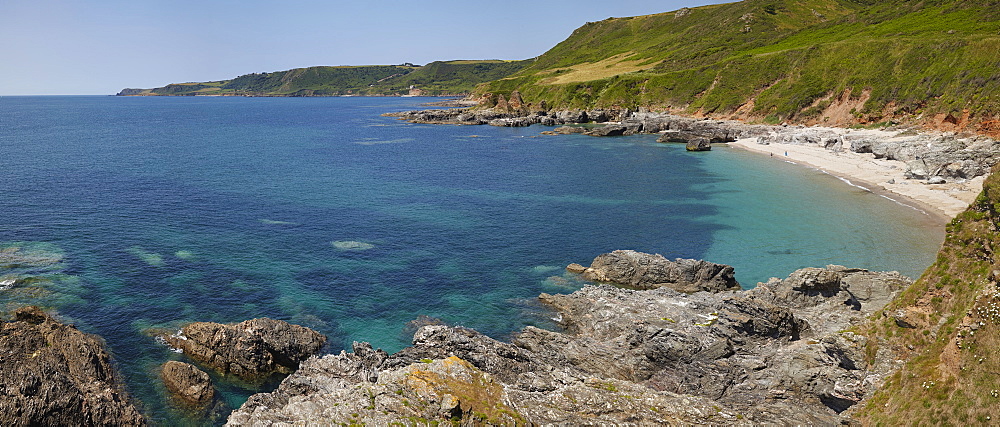 A calm summer view along the south coast of Devon, seen at Mattiscombe beach, near Start Point, Devon, England, United Kingdom, Europe