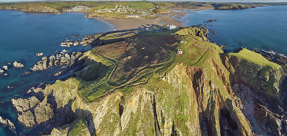 An aerial view of Burgh Island, Bigbury, and the estuary of the River Avon, on the south coast of Devon, England, United Kingdom, Europe