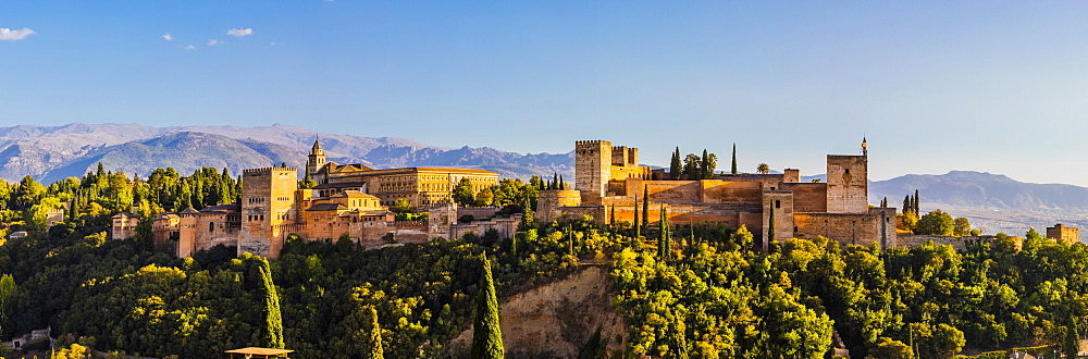 Panoramic view of Alhambra, UNESCO World Heritage Site, and Sierra Nevada mountains, Granada, Andalucia, Spain, Europe