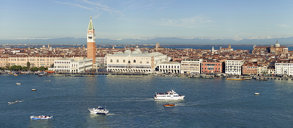 Panorama of Venice waterfront including Doge's Palace, Campanile, St. Mark's Square and Bridge of Sighs, taken from San Giorgio Maggiore, Venice, UNESCO World Heritage Site, Veneto, Italy, Europe