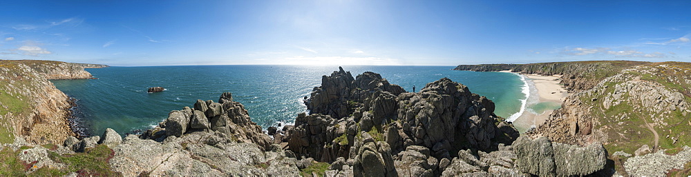 Standing near Logan Rock at the top of Treen Beach, Cornwall, England, United Kingdom, Europe