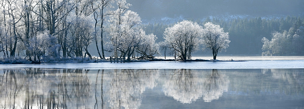 Loch Ard partially frozen over and a hoar frost around Aberfoyle in the Loch Lomond and the Trossachs National Park in mid-winter, Stirling District, Scotland, United Kingdom, Europe