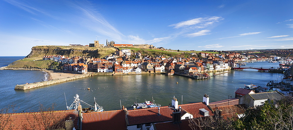 Whitby Abbey, St Mary's Church, 199 Steps and the River Esk and Harbour, Whitby, Yorkshire, England, United Kingdom, Europe