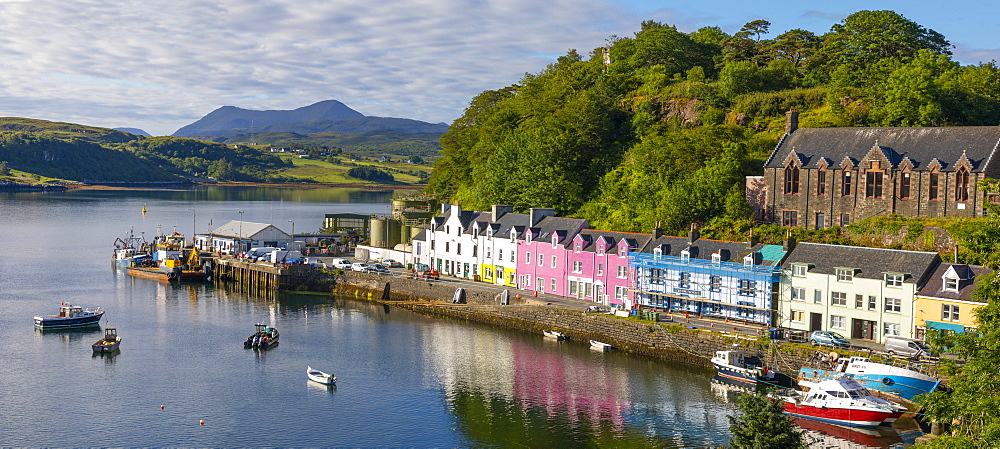 Panoramic view of Portree Harbour, Isle of Skye, Inner Hebrides, Highlands and Islands, Scotland, United Kingdom, Europe