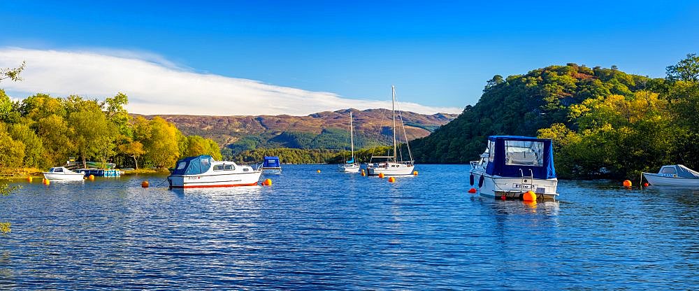 Small boats anchored, Loch Lomond, Bay at Aldochlay, Argyll and Bute, Scotland, United Kingdom, Europe