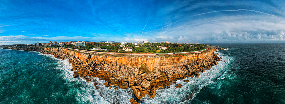 Aerial drone panoramic view of Cascais, Portuguese coastline, Portugal, Europe