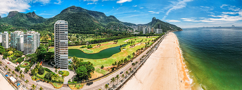 Aerial panoramic view of Gavea Beach in Sao Conrado, an upper-class neighbourhood in the west of Rio, Rio de Janeiro, Brazil, South America