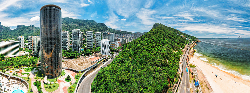 Aerial panoramic view of Sao Conrado neighbourhood with iconic Hotel Nacional on the left designed by Oscar Niemeyer, Rio de Janeiro, Brazil, South America