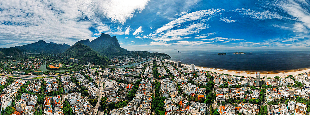 Aerial panoramic view of Pepe Beach and Pedra da Gavea in Barra da Tijuca district, an upscale neighborhood on the west side of Rio de Janeiro, Brazil, South Amereica