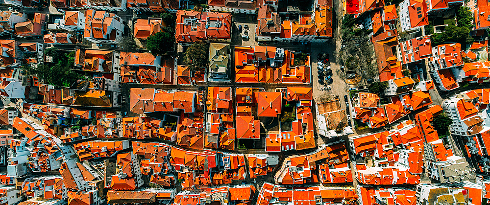 Top down birds eye panoramic view of historic centre of Cascais, 30km west of Lisbon on the Portuguese Riviera, Cascais, Portugal, Europe