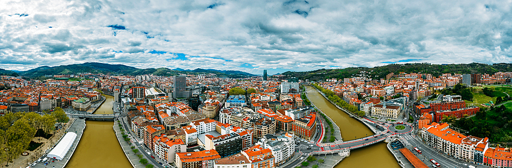 Aerial drone panoramic view of Bilbao, population 345000, Basque Country, northern Spain, Europe