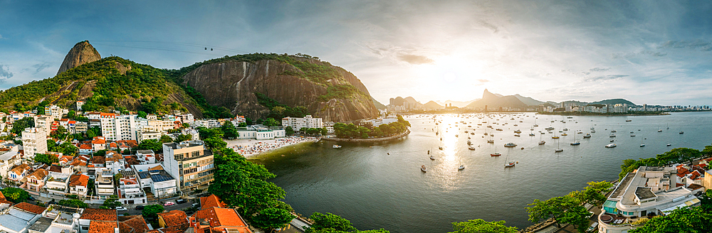 Aerial drone panorama of Urca neighbourhood and surrounding Botafogo and Guanabara Bay, UNESCO World Heritage Site, between the Mountain and the Sea, inscribed on the World Heritage List in 2012, Rio de Janeiro, Brazil, South America