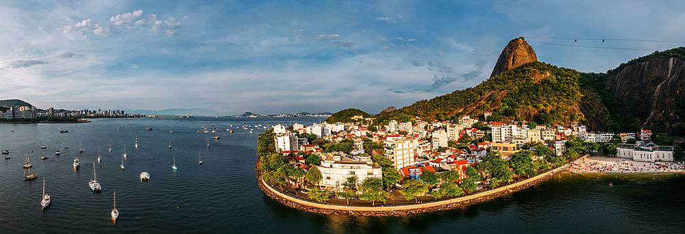 Aerial drone panorama of Urca neighbourhood and surrounding Botafogo and Guanabara Bay, UNESCO World Heritage Site, between the Mountain and the Sea, inscribed on the World Heritage List in 2012, Rio de Janeiro, Brazil, South America