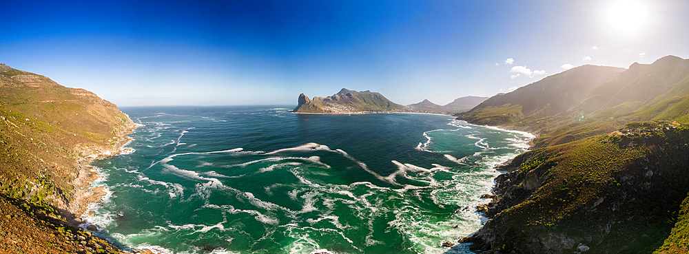 Aerial panoramic view of Hout Bay, a seaside suburb of Cape Town in a valley on the Atlantic seaboard of the Cape Peninsula, Western Cape province, South Africa, Africa