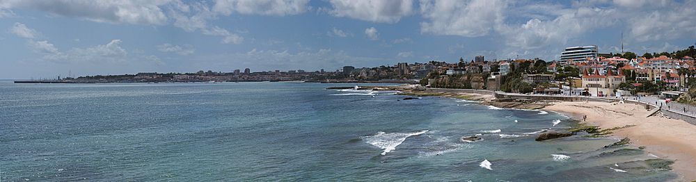 High perspective panoramic view of Portuguese Riviera coast from Sao Pedro do Estoril to Cascais, roughly 25km west of Lisbon, Portugal, Europe