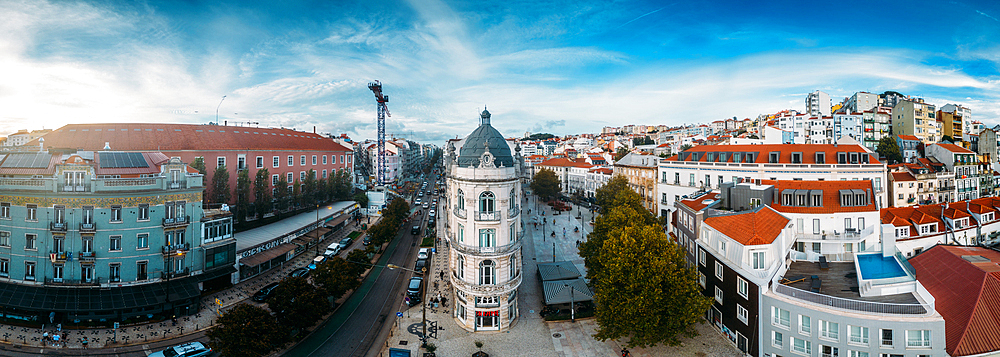 Aerial drone panoramic view of Largo do Intendente Pina Manique in Lisbon, Portugal, Europe