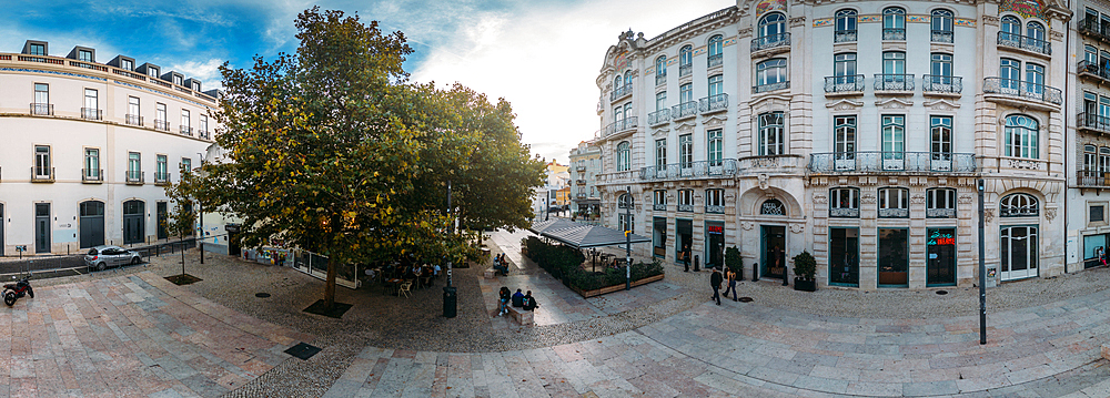 Aerial drone panoramic view of Largo do Intendente Pina Manique in Lisbon, Portugal, Europe