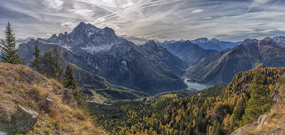 Lake Alleghe and Civetta in autumn, Dolomites, Veneto, Italy, Europe