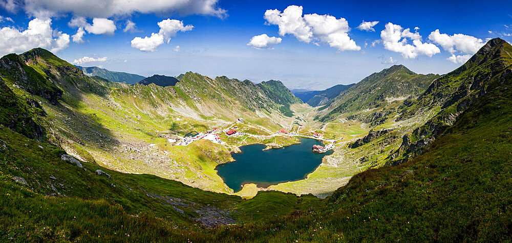 Elevated view over Balea Lake at 2034m altitude in the Fagaras Mountains in central Romania, Cartisoara, Sibiu County, Romania, Europe