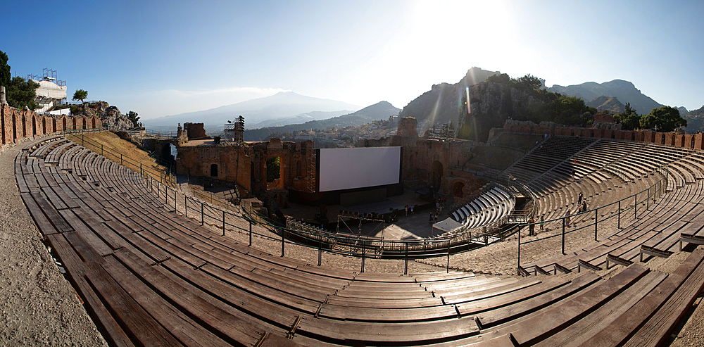 empty white banner in famous ancient theatre in Taormina, Sicily, Italy