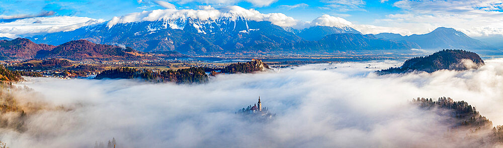 Panorama of Lake Bled in the Julian Alps of the Upper Carniolan region, northwestern Slovenia, Europe