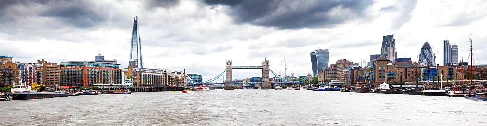 Panorama of London seen from River Thames with the Shard, Tower Bridge and the city, London, England, United Kingdom, Europe