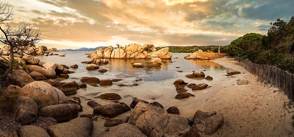 famous Palombaggia beach with rocks at sunset Corsica island France