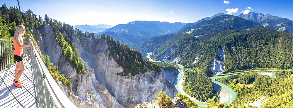 Panoramic view of Rhine Gorge (Ruinaulta) from Il Spir terrace, Flims, District of Imboden, Canton of Grisons (Graubunden), Switzerland, Europe