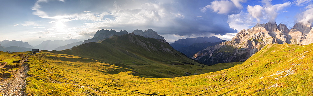 Panoramic view of San Nicolo Pass, Fassa Valley, Trentino, Dolomites, Italy, Europe