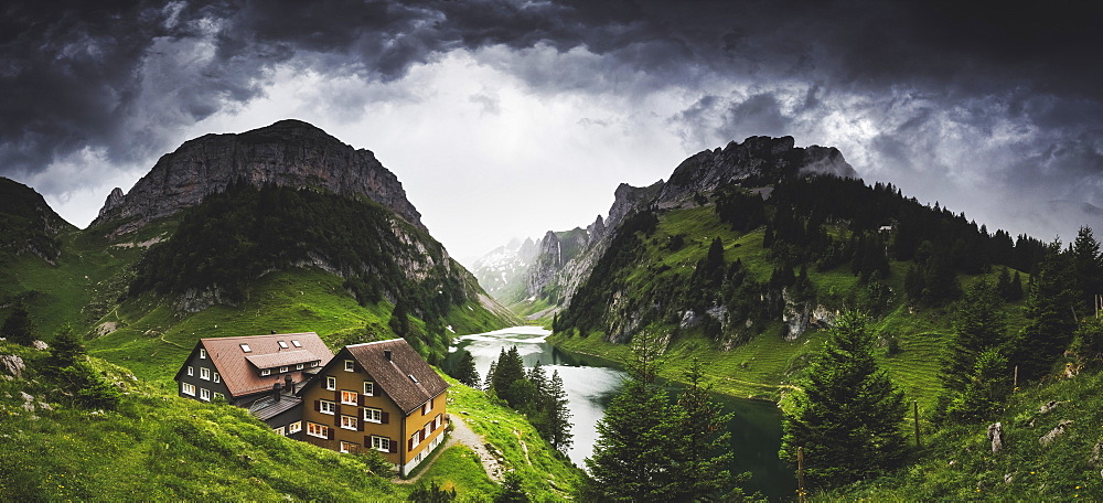 Thunderstorm coming at Bollenwees refuge, Canton of Appenzell, Alpstein, Switzerland, Europe