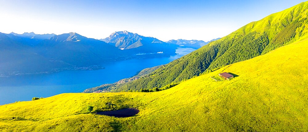 Aerial view of high pasture above Lake Como, Musso, Lake Como, Lombardy, Italian Lakes, Italy, Europe