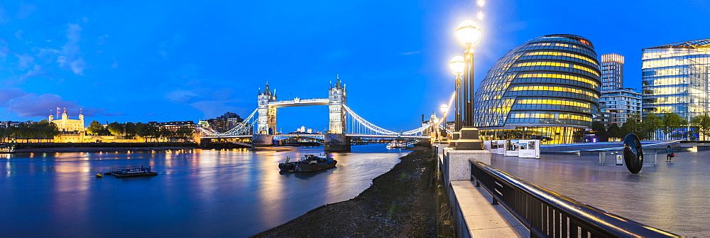 Tower Bridge, Tower of London and City Hall at night, Southwark, London, England, United Kingdom, Europe