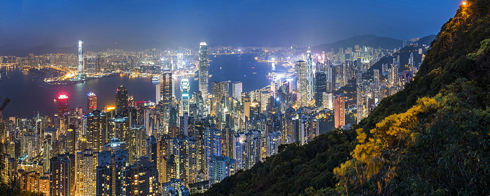 View over Hong Kong Island, Victoria Harbour and Kowloon at night, seen from Victoria Peak, Hong Kong, China, Asia