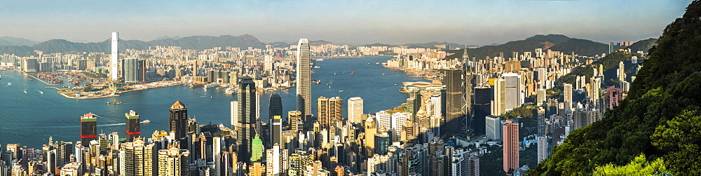 View across Victoria Harbour, from Hong Kong Island to Kowloon, seen from Victoria Peak, Hong Kong, China, Asia