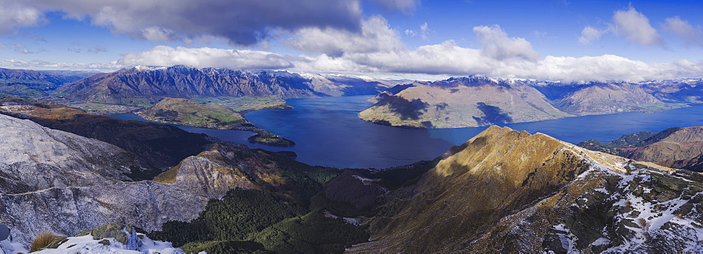 Panoramic view of the Lake Wakatipu near Queenstown, from the Ben Lomond trail peak, Otago, South Island, New Zealand, Pacific