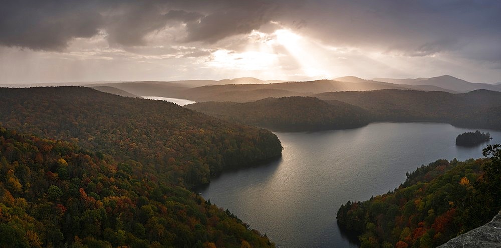 Sunset view of Nichols Pond from the Nichols Ledge, in the fall season, Vermont, New England, United States of America, North America